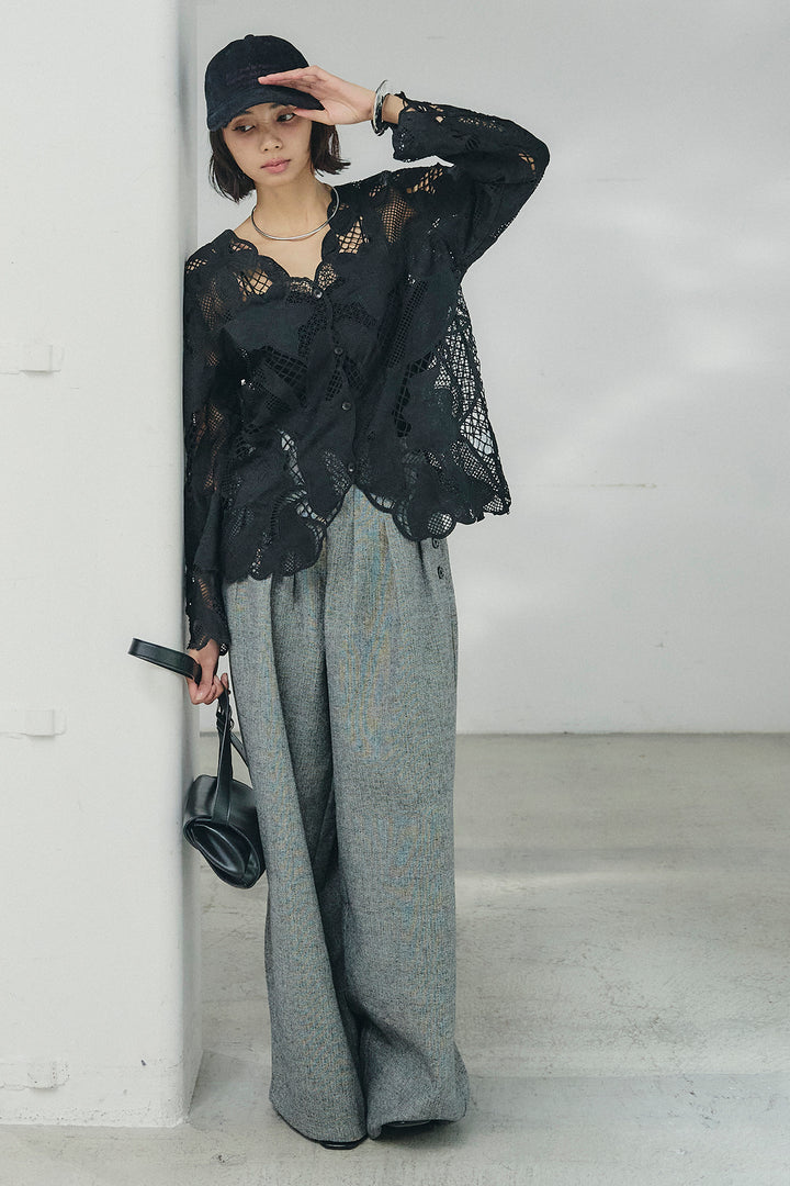 [SET]フラワー刺繍レースブラウス+サイドボタンツイードタックパンツ(2set)