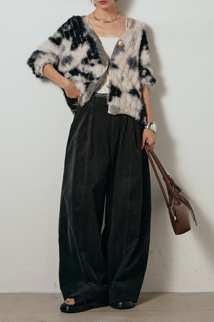 【着回しセット】[SET]タイダイ柄シャギーニットカーディガン+タック入りコーデュロイワイドパンツ+タイダイ柄シャギーニットカーディガン(3set)