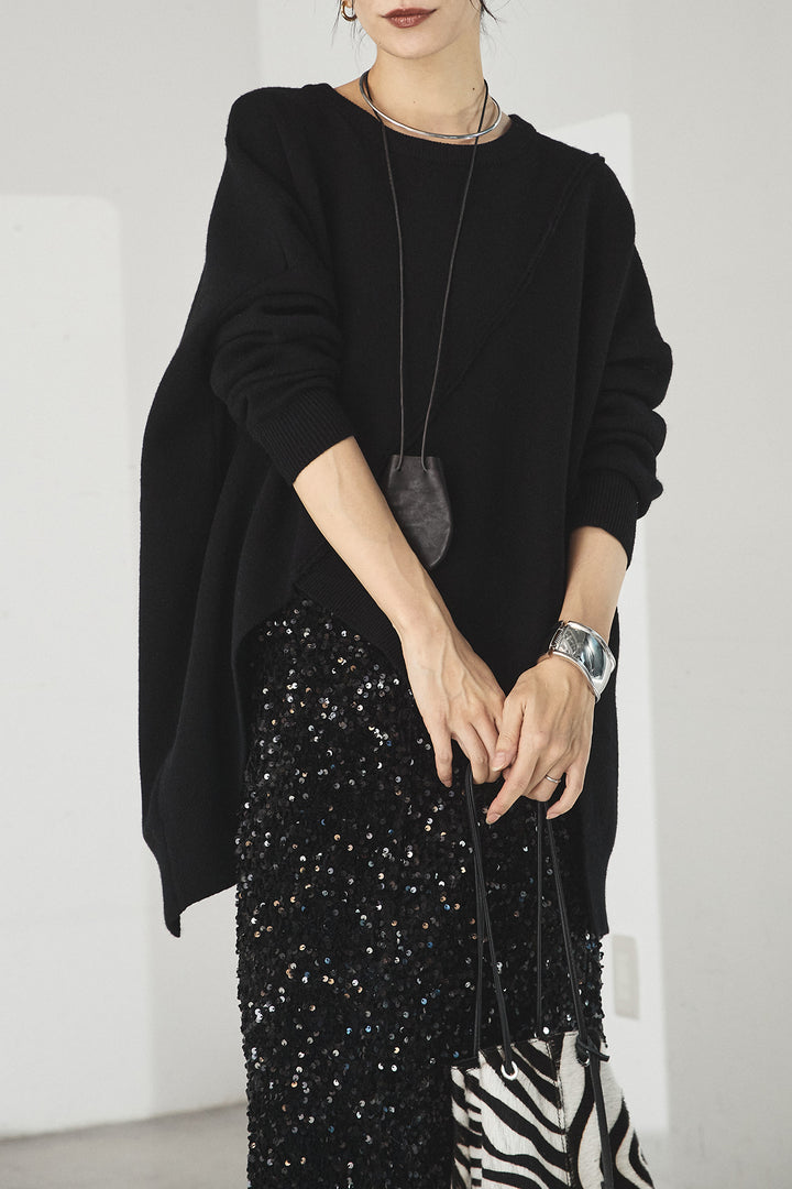 [SET]アシンメトリーデザインニットトップス+スパンコールニットワイドスカート(2set)