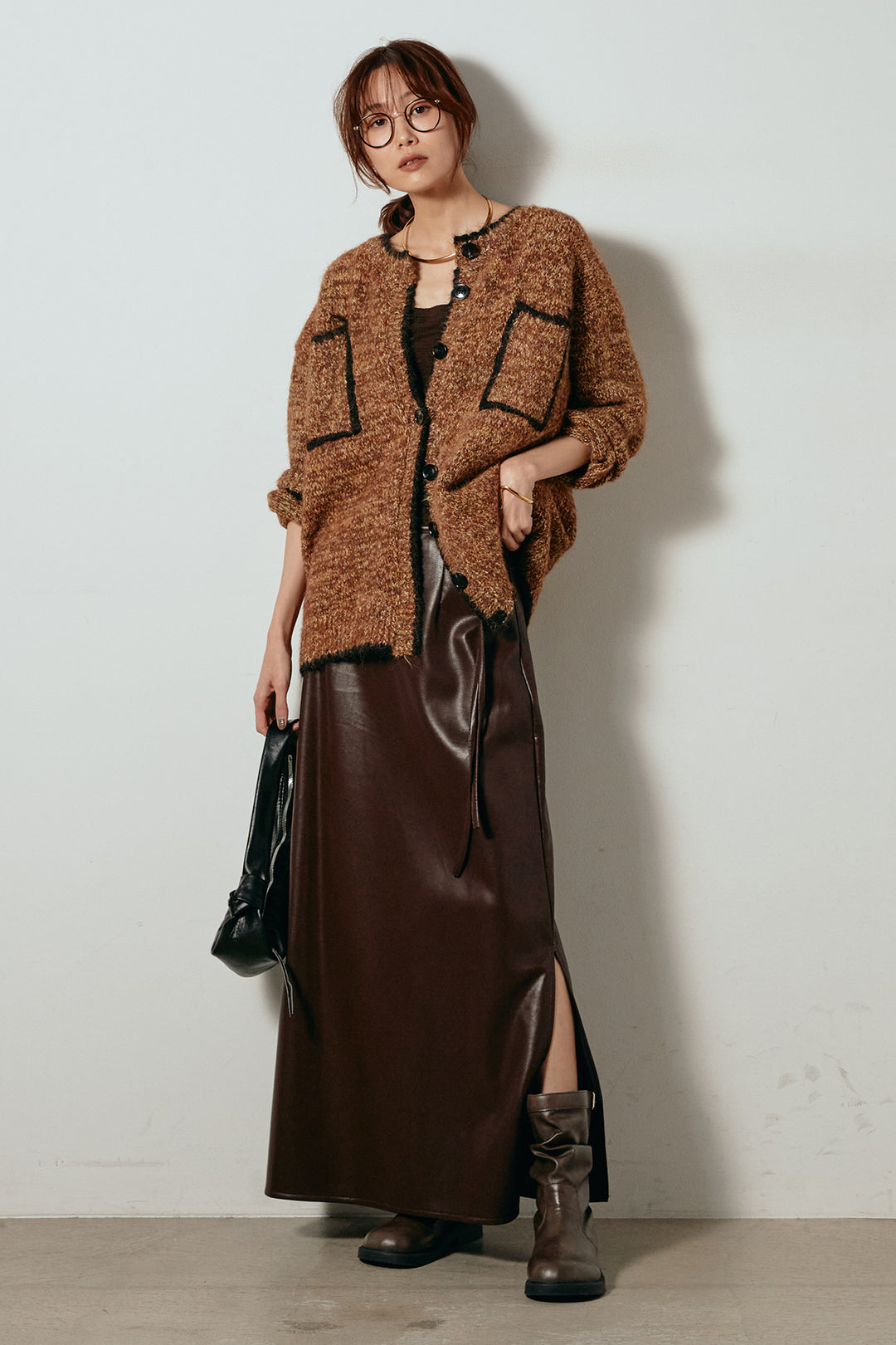 [SET]ミックスニットポケットカーディガン+紐付きフェイクレザーワイドスカート(2set)