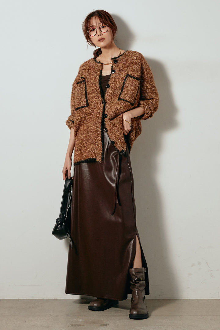 [SET]ミックスニットポケットカーディガン+紐付きフェイクレザーワイドスカート(2set)