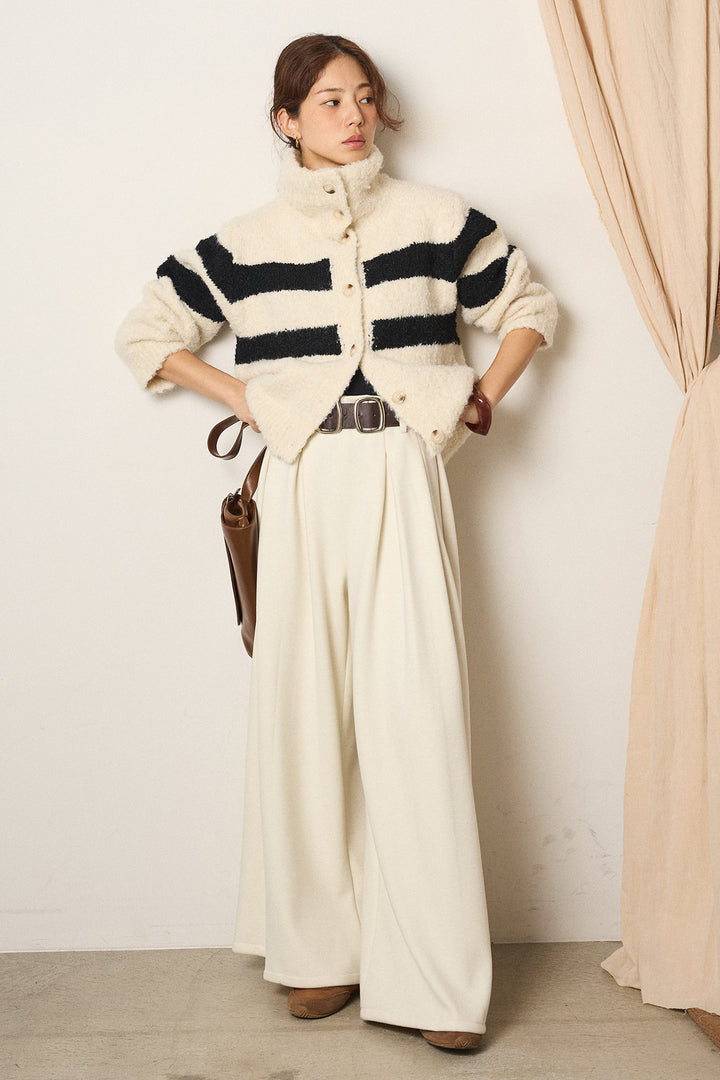 [SET]ハイネックボーダーニットカーディガン+フェイクレザー太ベルト付きタックワイドパンツ(2set)