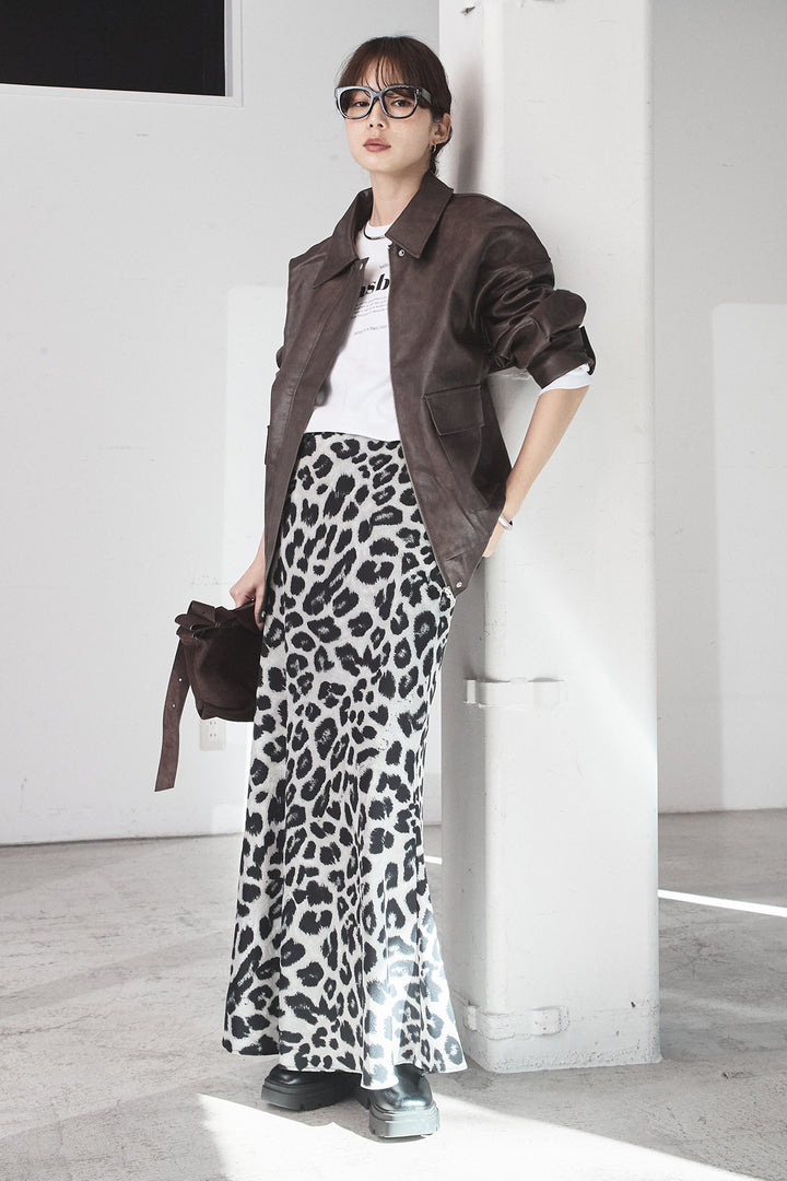 [SET]レザーライクオーバーサイズブルゾン+レオパードサテンナロースカート(2set)