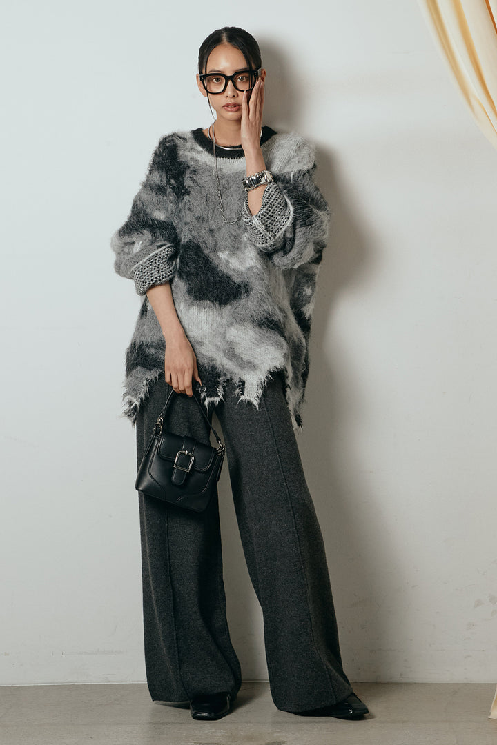 [SET]起毛裾デザインニュアンス柄ニットトップス+センターラインニットパンツ(2set)