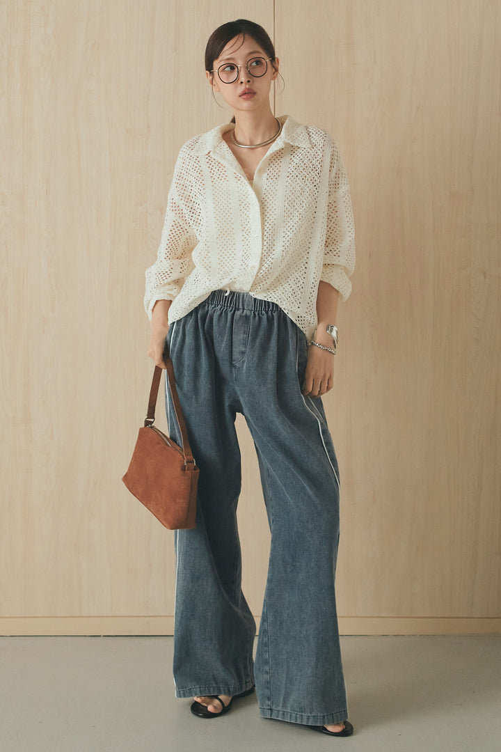 [SET]長袖襟付きレースシャツ+ドロストサイドラインデニムパンツ(2set)