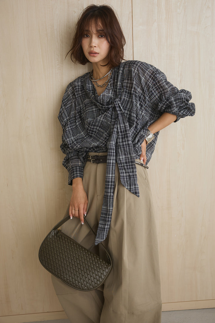 [SET]ネック紐付きワッシャーチェックブラウス+ダブルスキニーベルト付きカーブパンツ(2set)