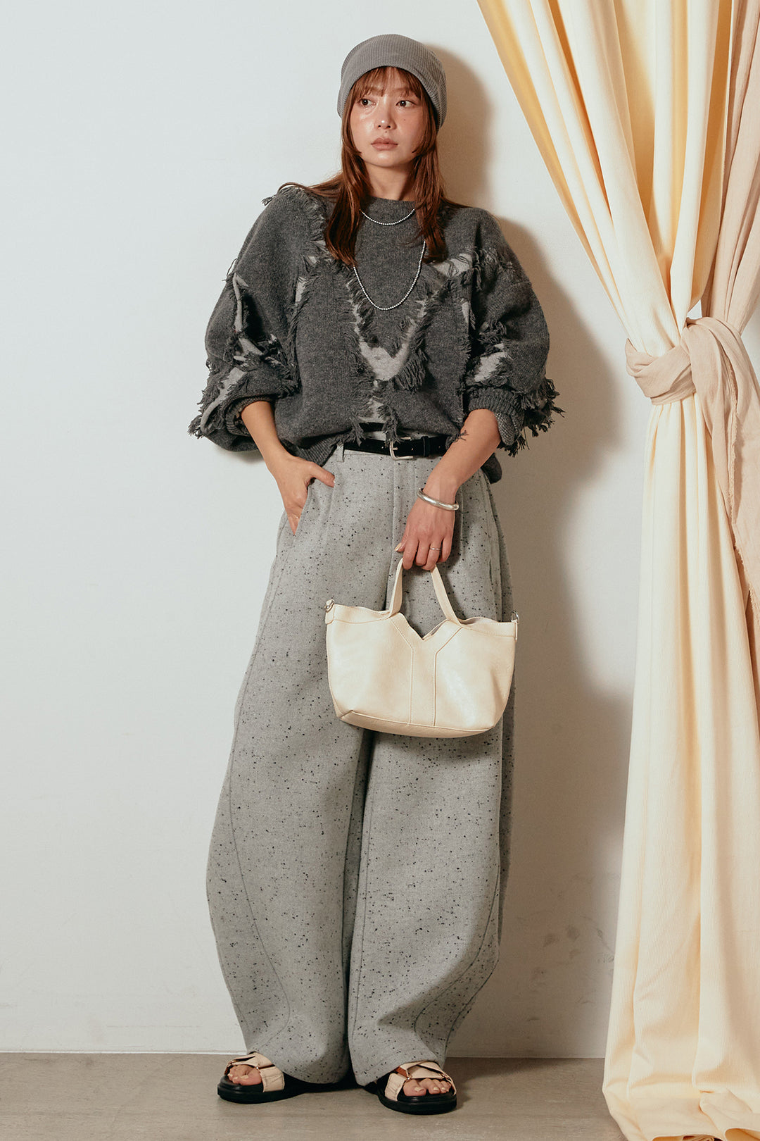 [SET]シャギージャガードニットトップス+ベルト付きネップツイードカーブパンツ(2set)