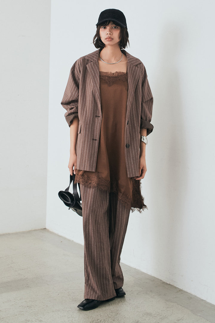 [SET]リネンライクストライプテーラードジャケット+リネンライクストライプタックイージーパンツ+サテンレースアシメキャミ(3set)