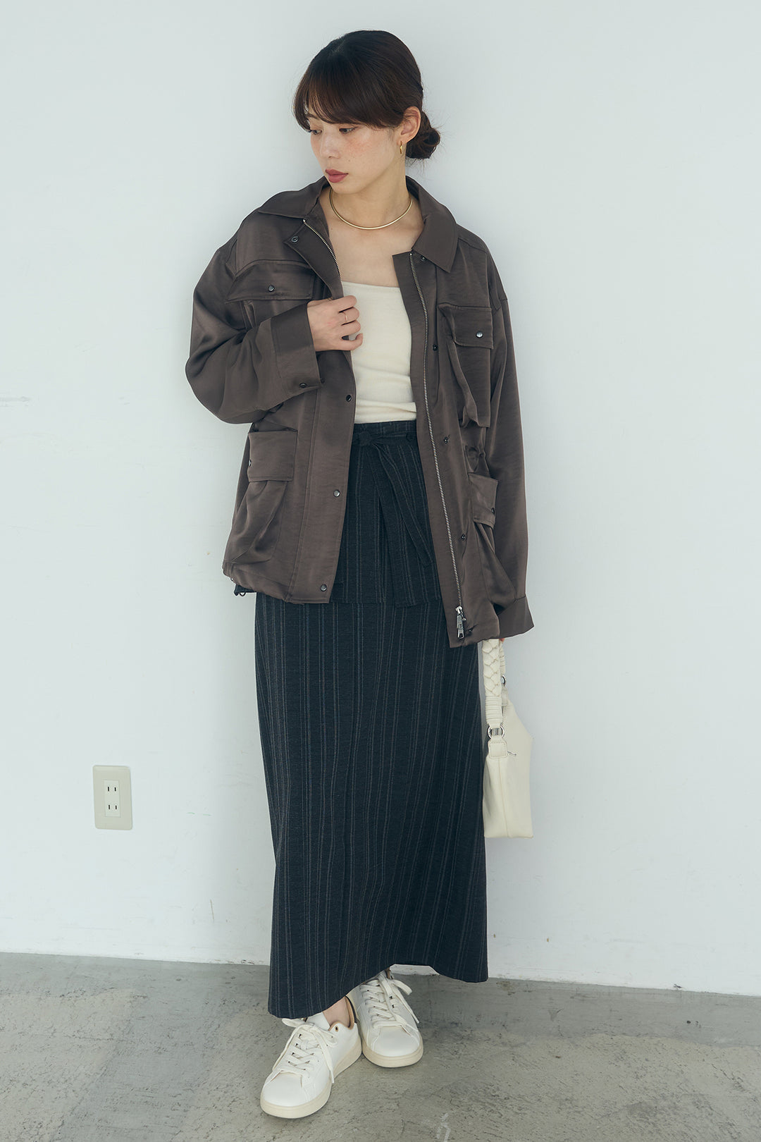 [SET]サテンライトブルゾン+ラップ巻きピンストライプワイドスカート(2set)