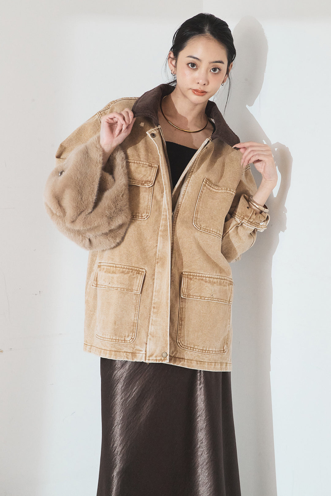 [SET]襟コーデュロイジップデニム調カバーオール+裾レースデザインサテンスカート(2set)