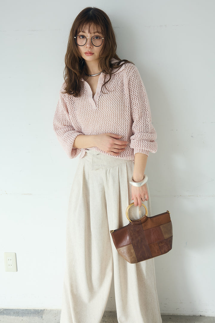 [SET]ミックスメッシュポロニット+麻混タックワイドパンツ(2set)