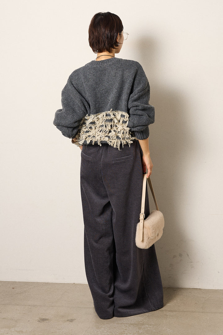 [SET]ループ編み切り替えニットプルオーバー+ベルトループコーデュロイワイドパンツ(2set)