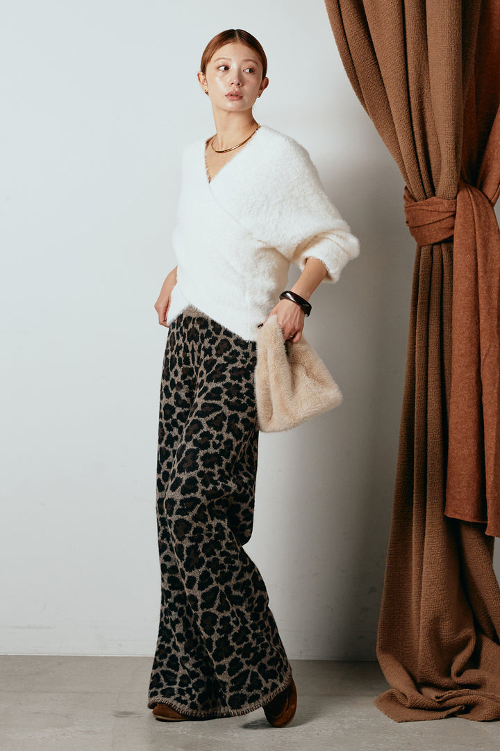 [SET]シャギーカシュクールニットトップス+リラックスレオパード柄ニットパンツ(2set)