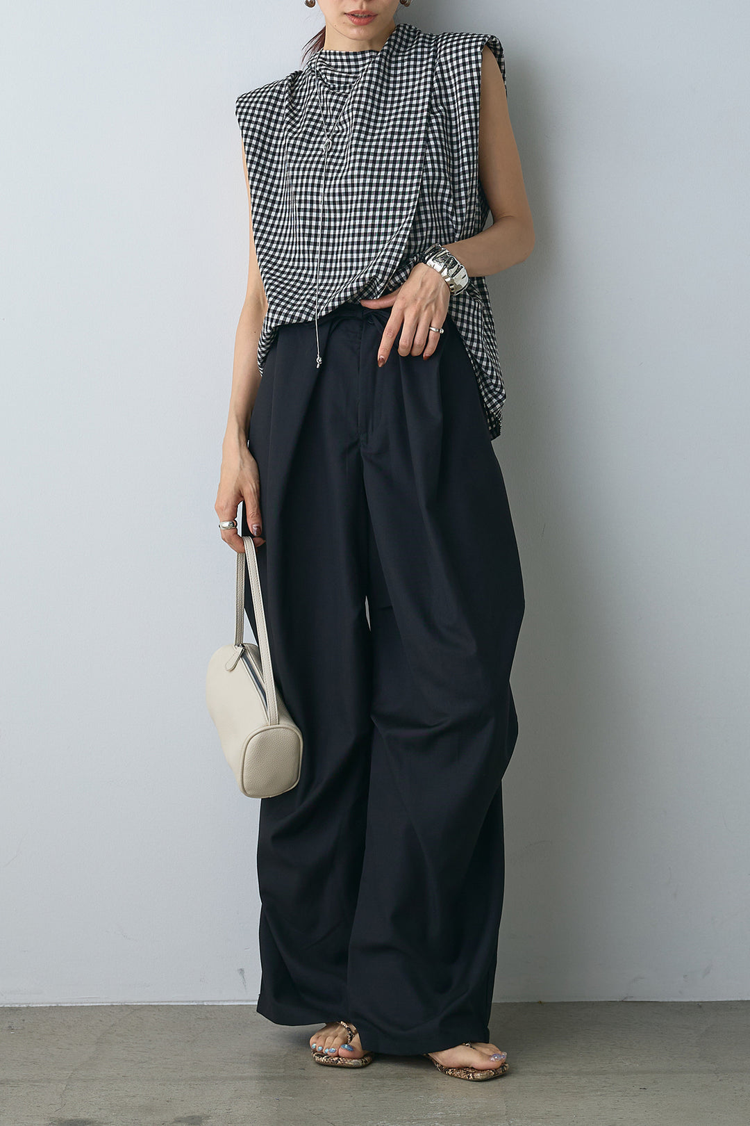 [SET]バックデザインチェックトップス+デザインタックパンツ(2set)