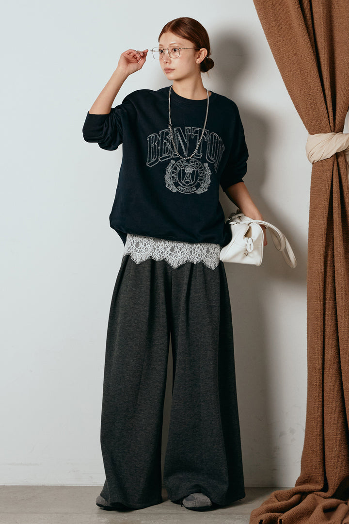 [SET]フロントロゴスウェットプルオーバー+フェイクレザー太ベルト付きタックワイドパンツ(2set)