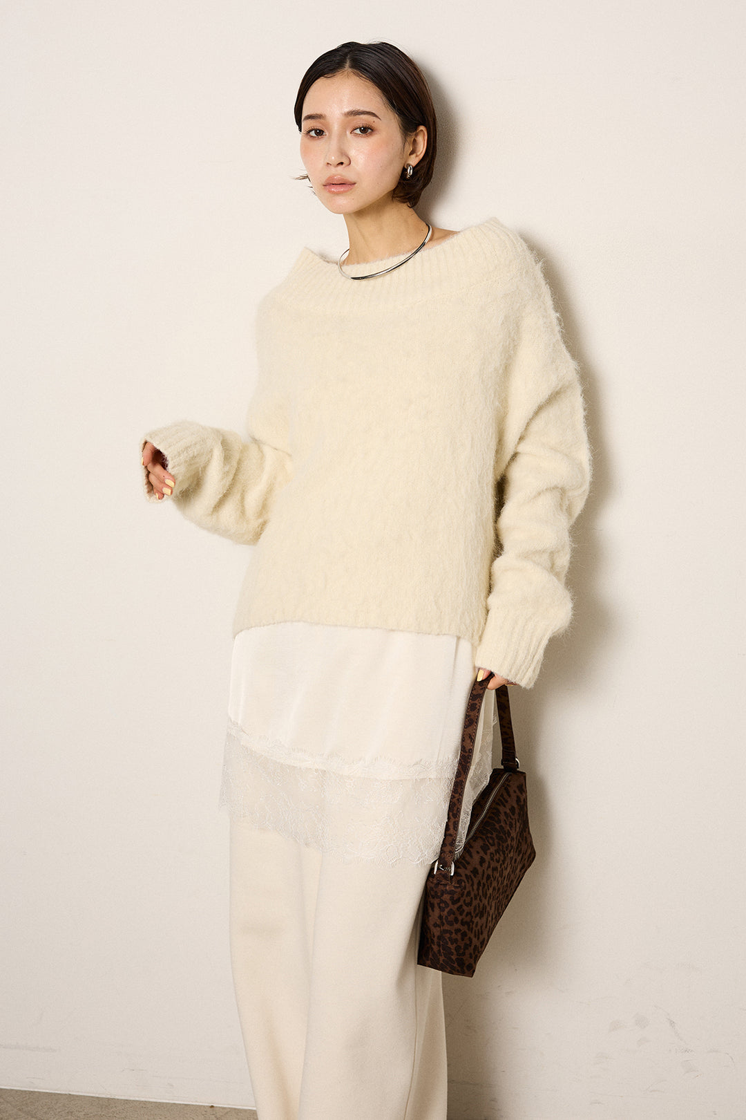 [SET]アルパカタッチオフショルニット+レース切り替えキャミソール(2set)