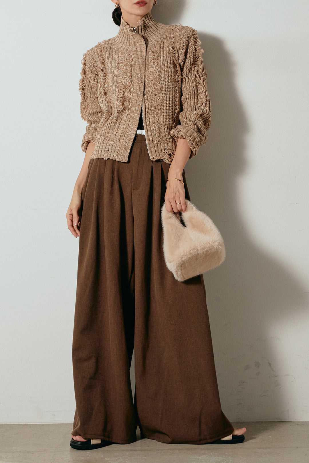 [SET]ハイネックフリンジジップニットトップス+ウエストステッチデザインワイドスラックス(2set)