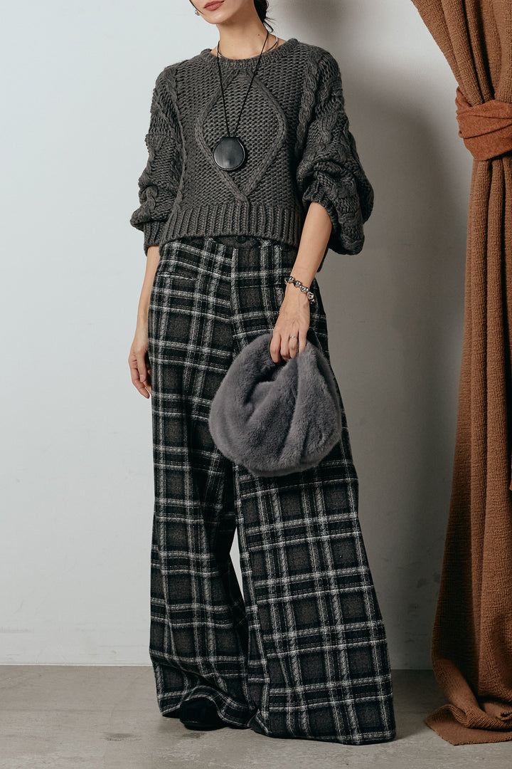 [SET]ロービングケーブルショート丈プルオーバー+ルーズタータンチェックワイドパンツ(2set)