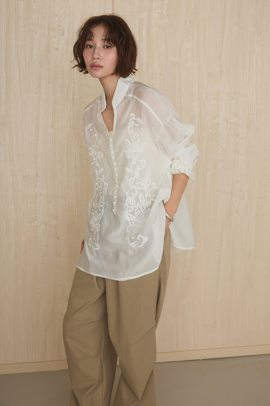 [SET]フロントボタンニュアンス柄ブラウス+ニーサイドタックウエストドロストパンツ(2set)