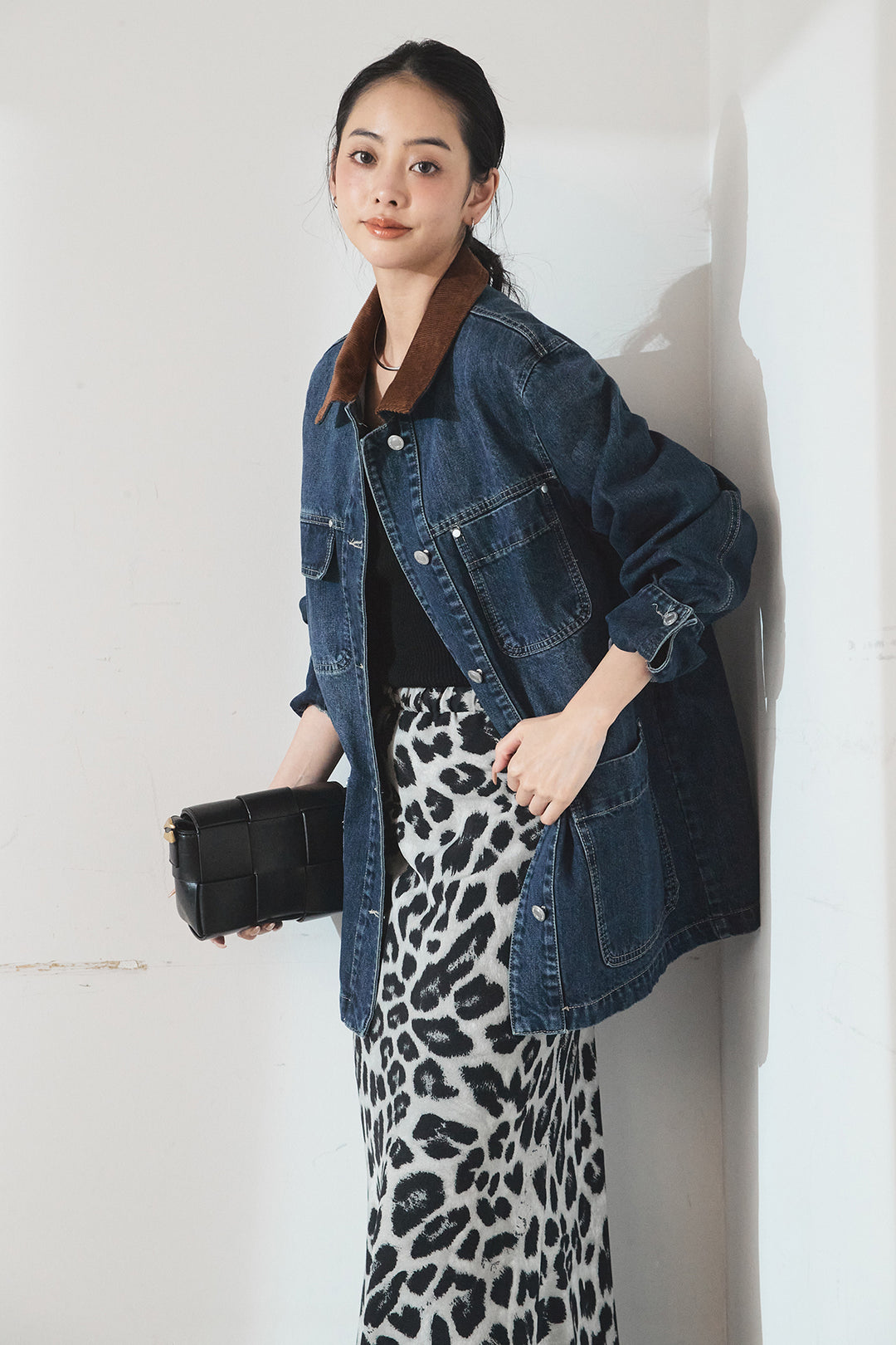 [SET]襟コーデュロイデニムカバーオール+レオパードサテンナロースカート(2set)