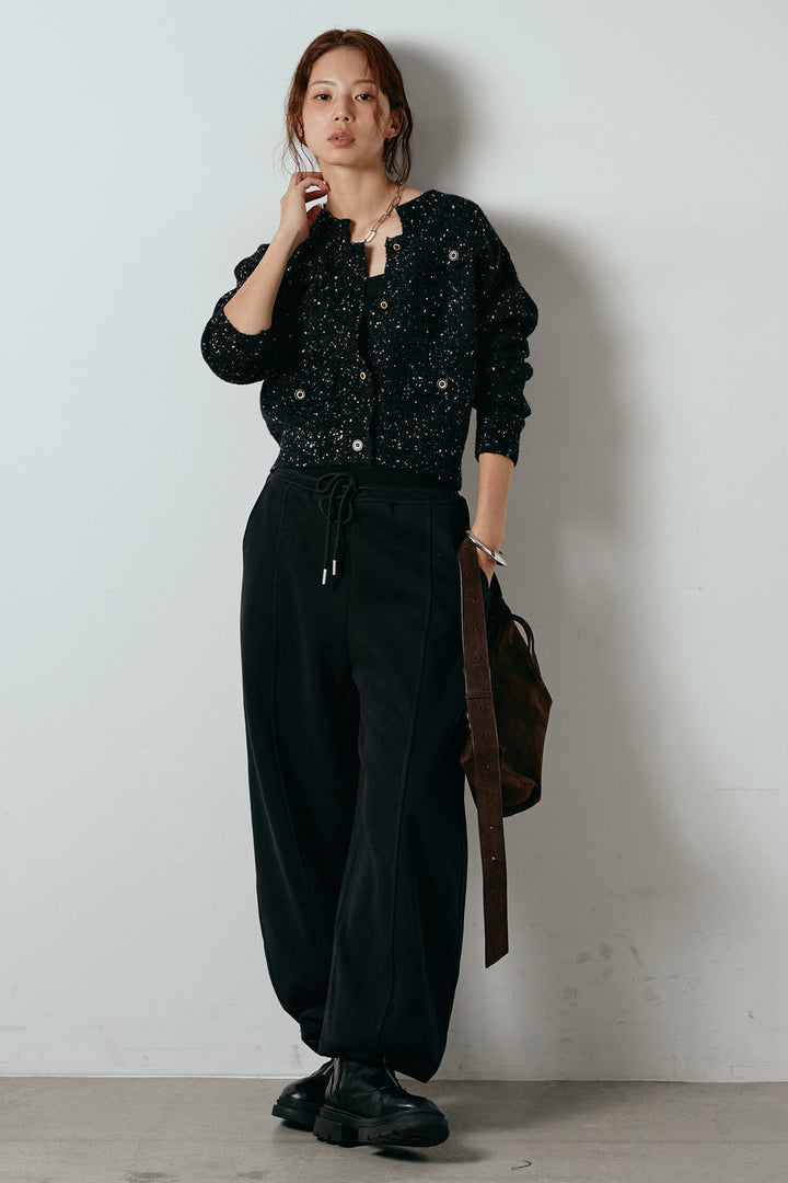 [SET]ネップニットカーディガン+スウェットワイドカーブパンツ(2set)