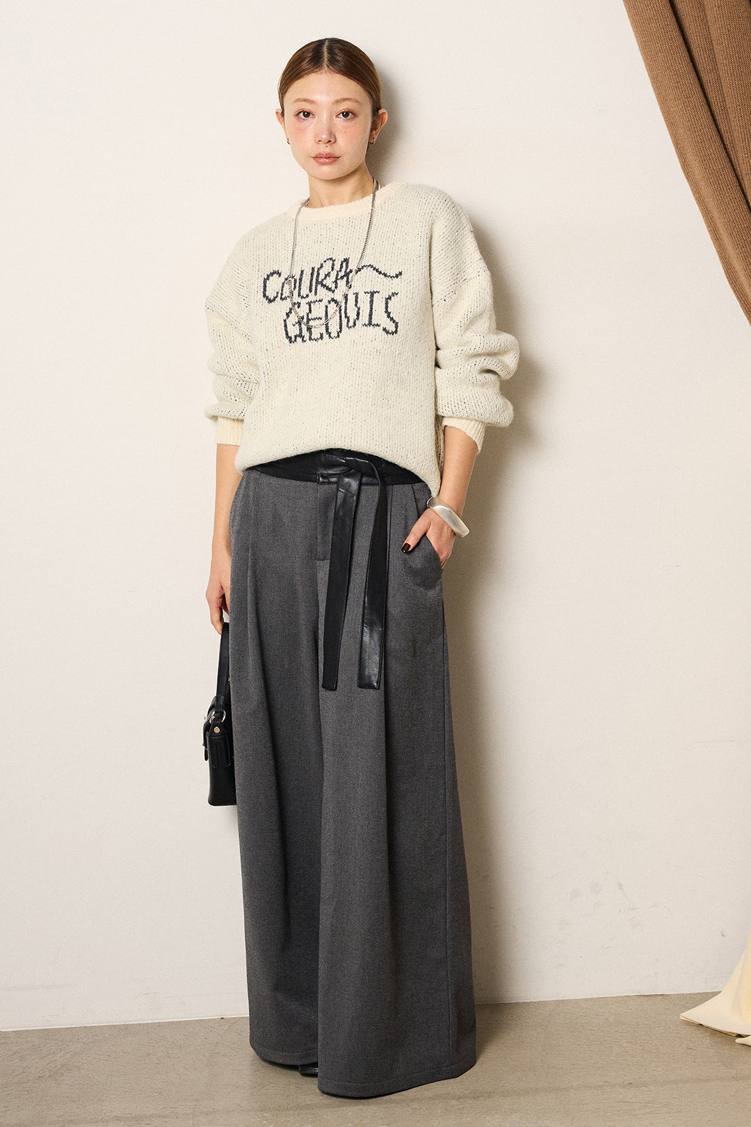 [SET]ロゴシャギーニットプルオーバー+巻ベルトウエストレザーライクワイドパンツ(2set)