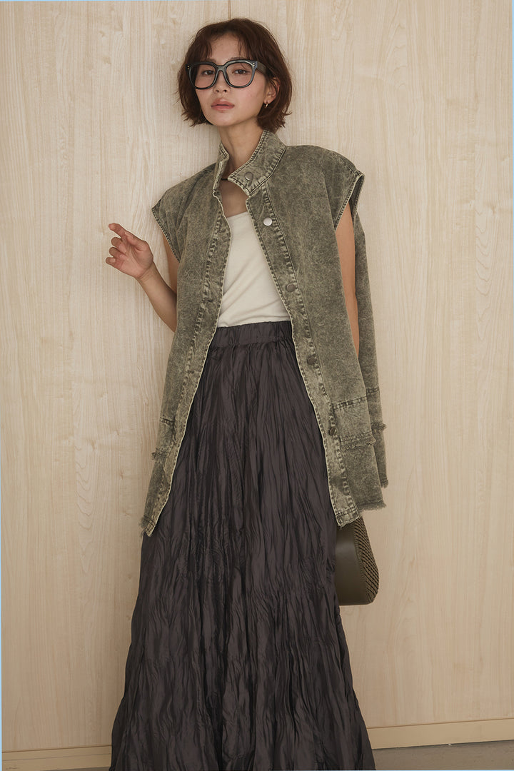 [SET]ケミカルデニムヘムカットオフジレ+イレギュラープリーツイージースカート(2set)