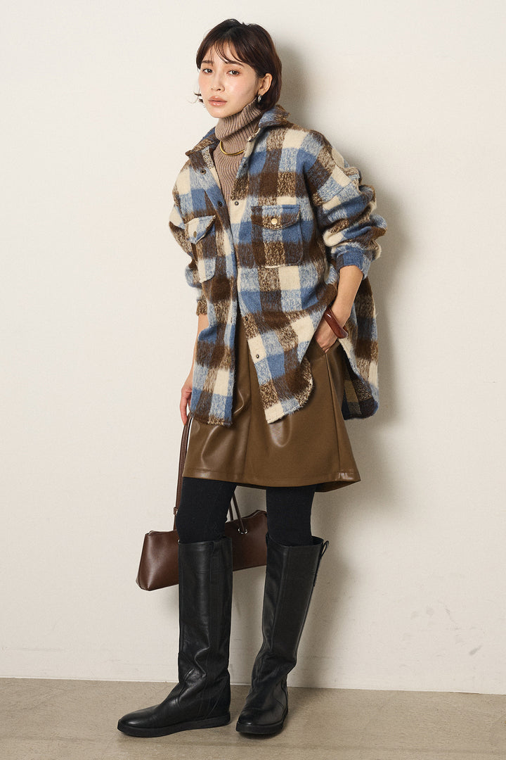 [SET]起毛チェック柄ポケットアウター+ストレッチエコレザーバミューダパンツ+リブニットシームレスタートルプルオーバー(3set)