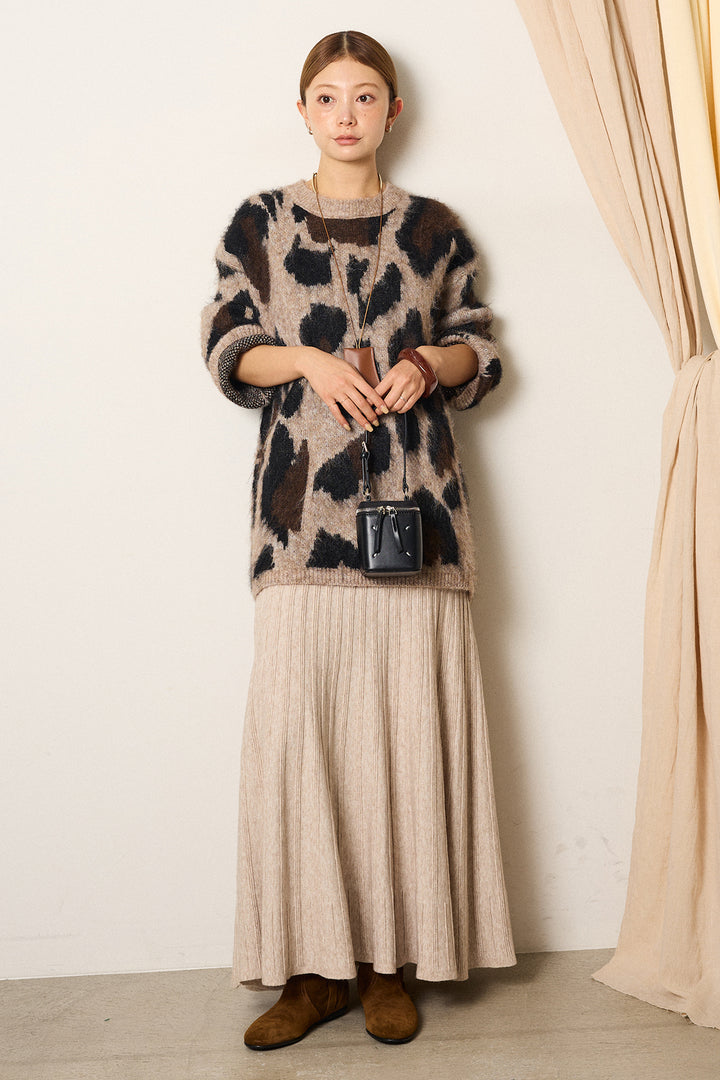 [SET]ルーズアニマルモヘアニットトップス+編み地切り替えフレアニットスカート(2set)