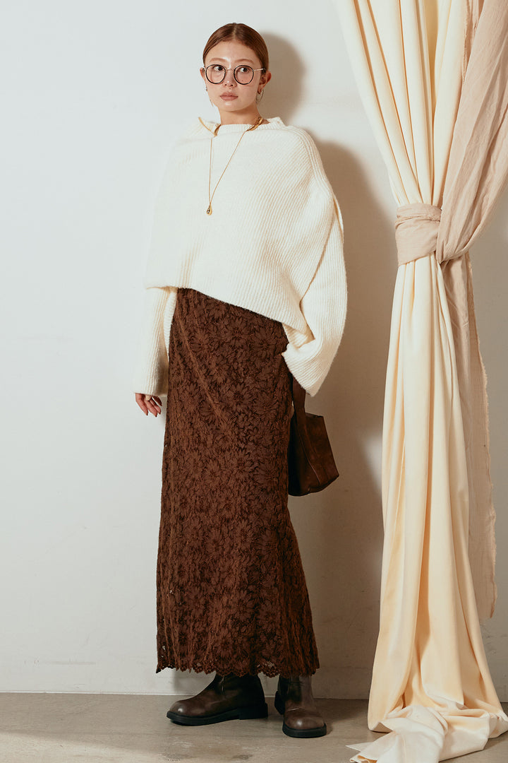 [SET]ケープデザインリブニットトップス+花柄刺繍ベロアフレアスカート(2set)