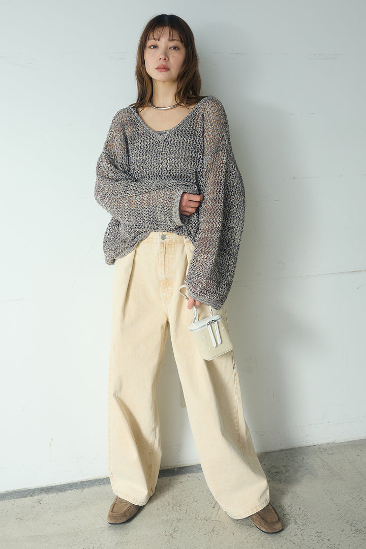 [SET]メッシュ編みビスチェセットVネックプルオーバー+カラーデニムタックカーブパンツ(2set)