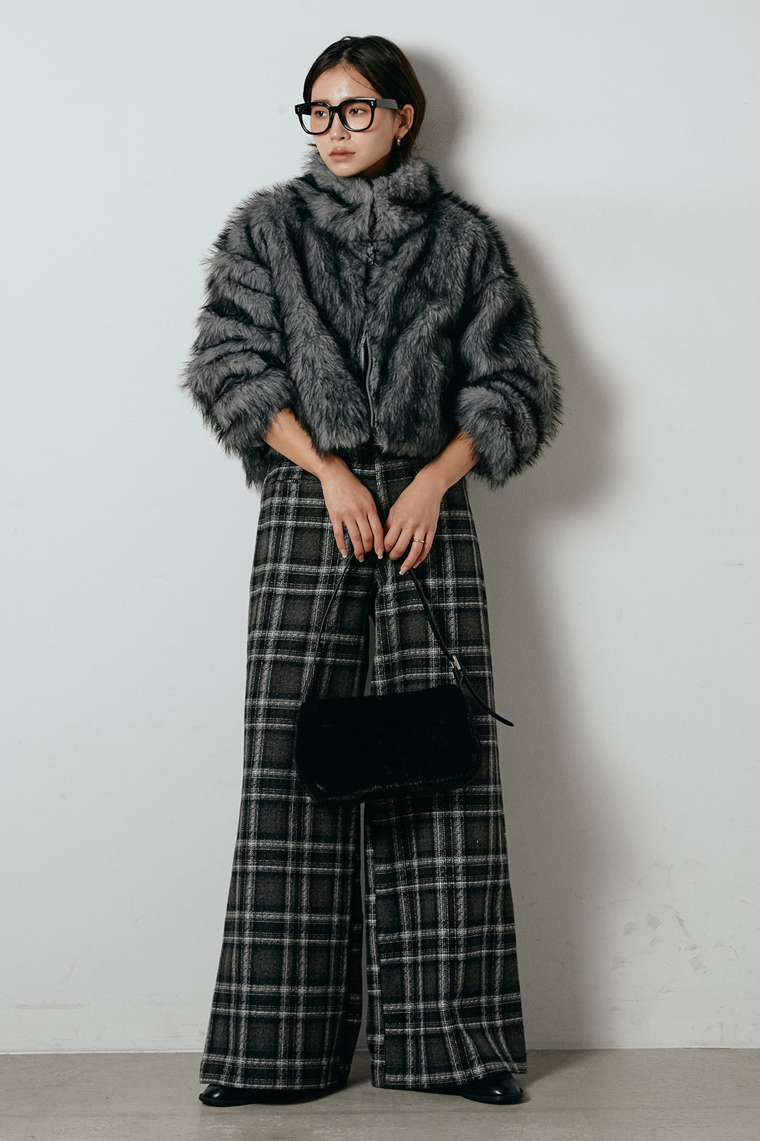 [SET]エコファーショート丈ブルゾン+ルーズタータンチェックワイドパンツ(2set)