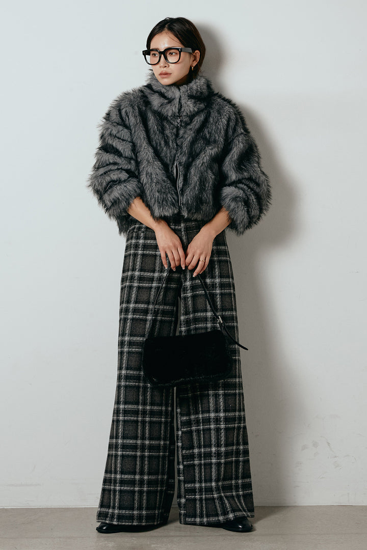 [SET]エコファーショート丈ブルゾン+ルーズタータンチェックワイドパンツ(2set)