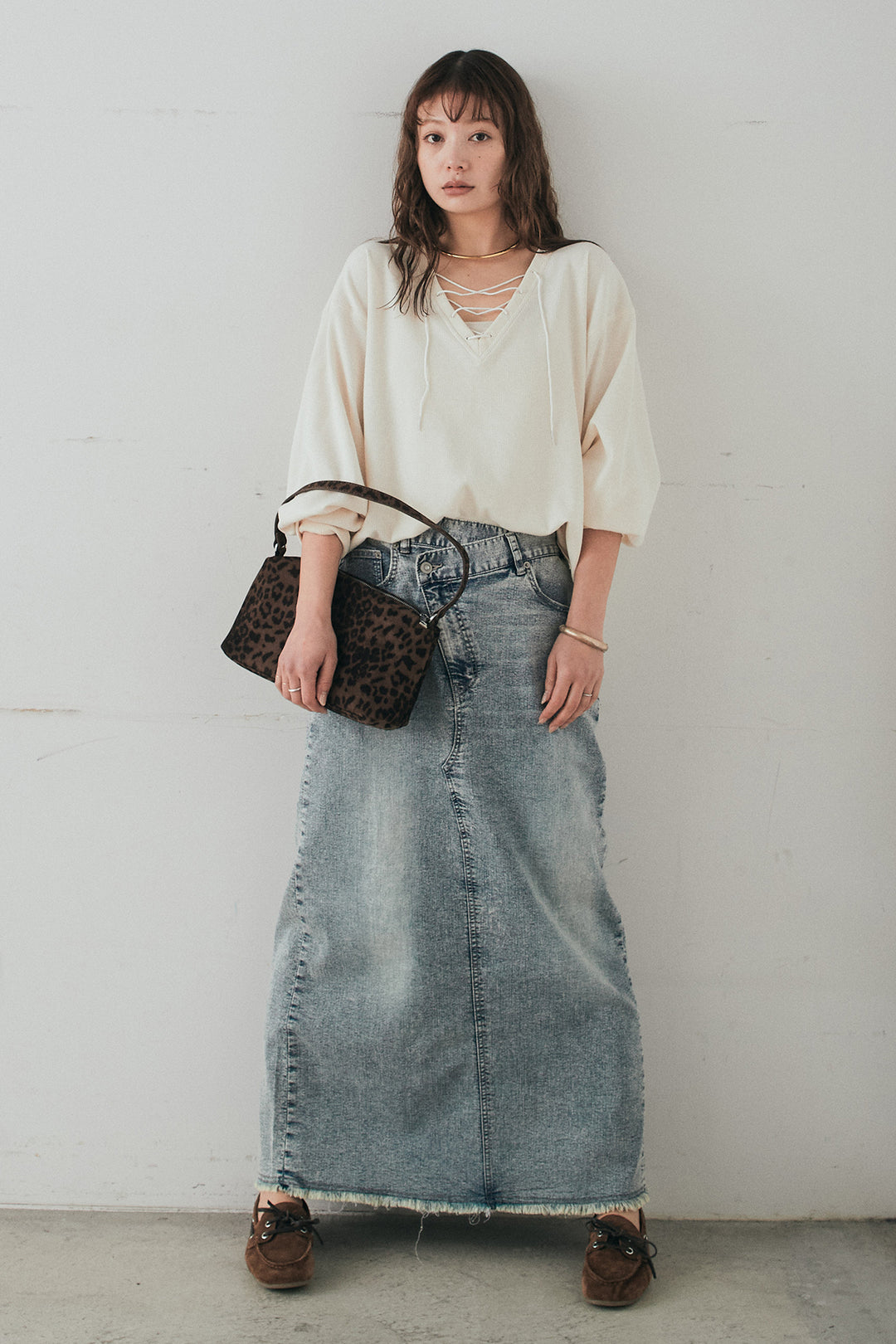 [SET]レースアップワッフルボーダートップス+ウエストクロスデニムタイトスカート(2set)