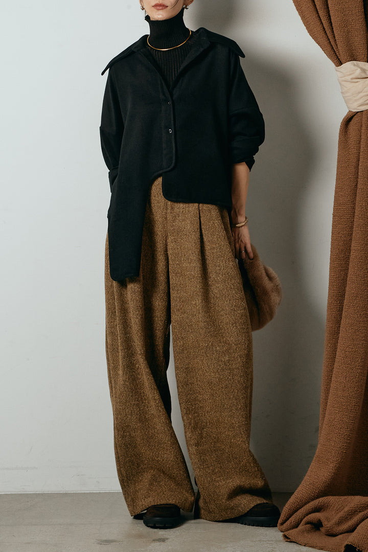 [SET]裾アシンメトリーデザインシャツ+タックツイードワイドパンツ(2set)