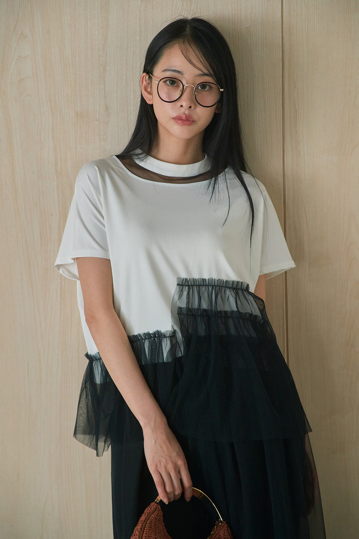 [SET]アシンメトリーチュールフリルTシャツ+ウエストデザインタックワイドパンツ(2set)