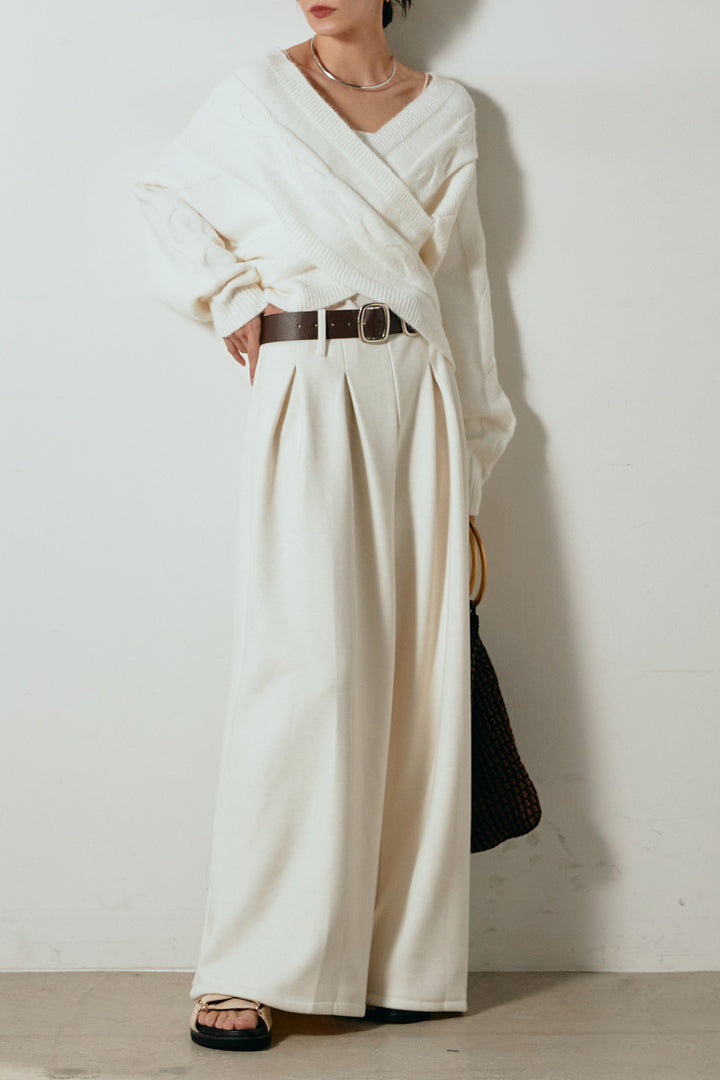 [SET]ケーブルカシュクールニットトップス+フェイクレザー太ベルト付きタックワイドパンツ(2set)