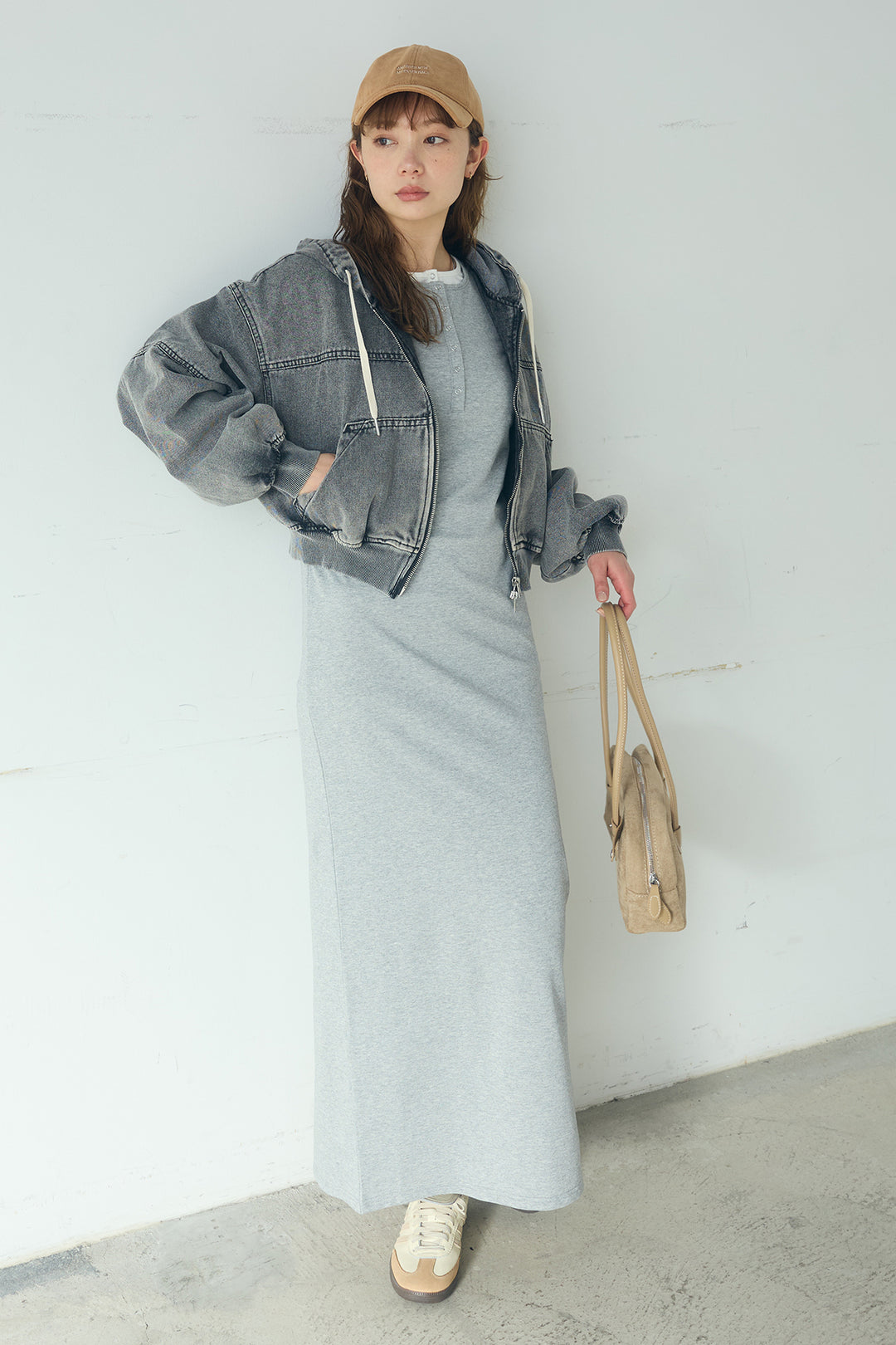 [SET]デニムダブルジップパーカーブルゾン+レイヤード見えヘンリーネックロングワンピース(2set)