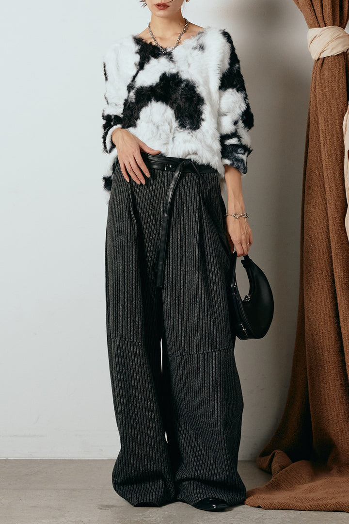 [SET]タイダイ柄シャギーニットトップス+レザーライク配色ストライプパンツ(2set)