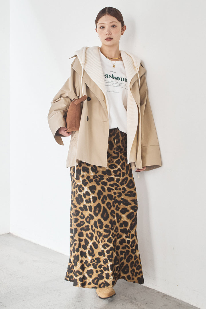 [SET]ナイロントレンチコート+レオパードサテンナロースカート(2set)