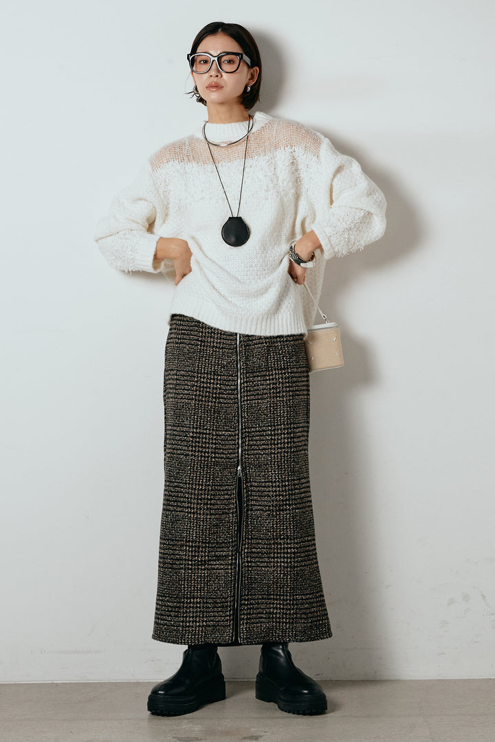 [SET]パターンランダム編みニットトップス+グレンチェック柄フロントジップタイトスカート(2set)