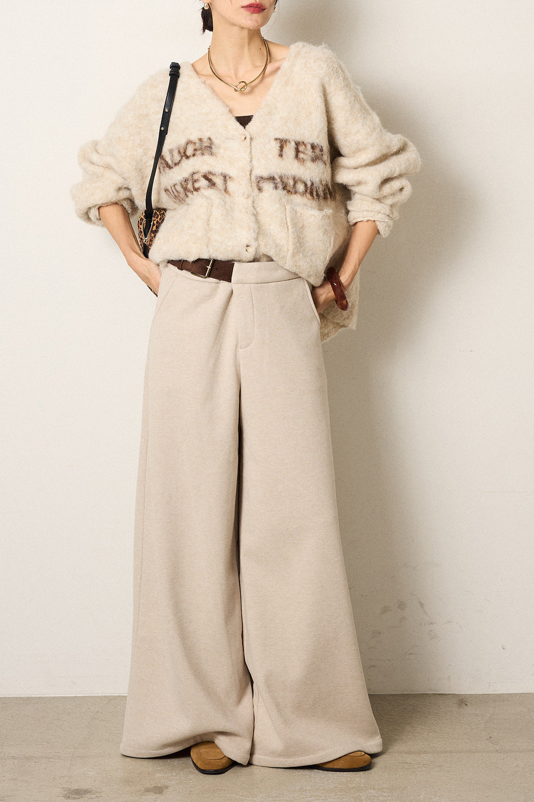 [SET]ウール混透かしロゴニットカーディガン+サイドベルトパンツ(2set)