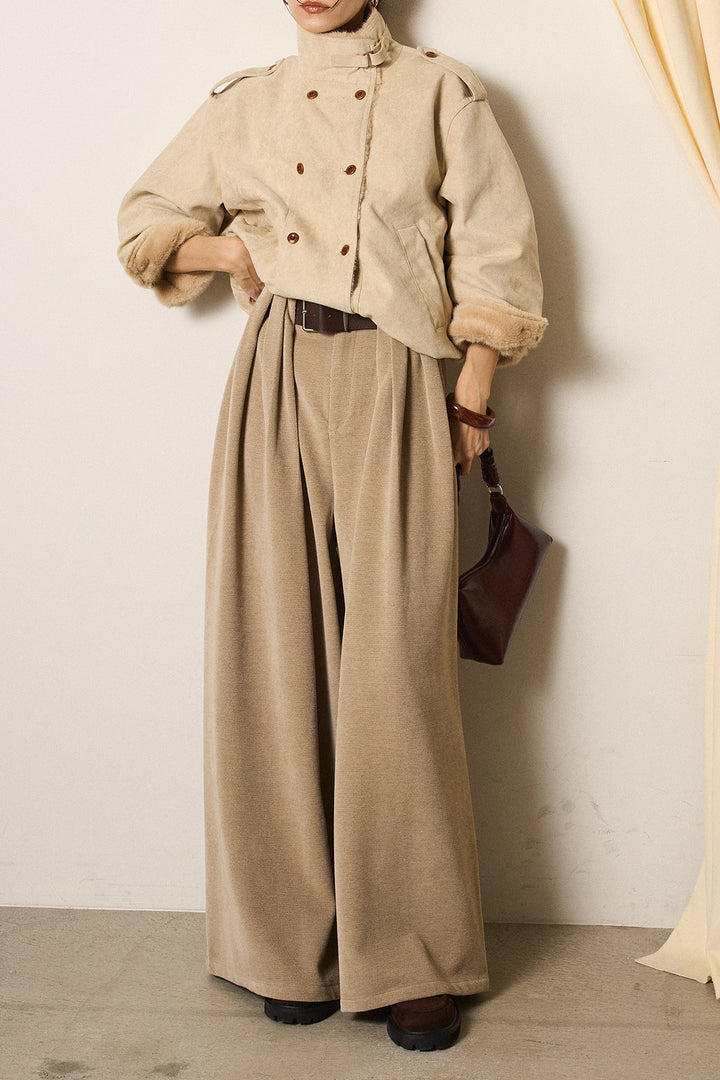 [SET]スタンド襟スウェードライクアウター+ベルトループコーデュロイワイドパンツ(2set)