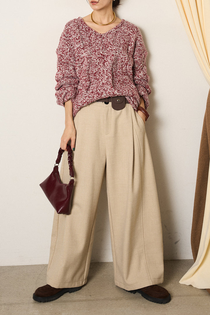 [SET]Vネックミックス編みニットトップス+ポーチベルト付きカーブパンツ(2set)