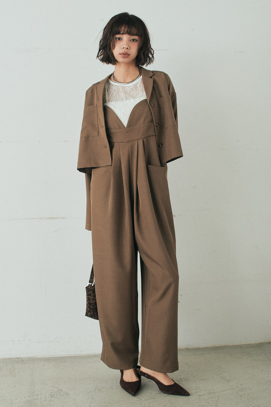 [SET]バックジップデザインショートツイルジャケット+キャミロングオールインワン(2set)