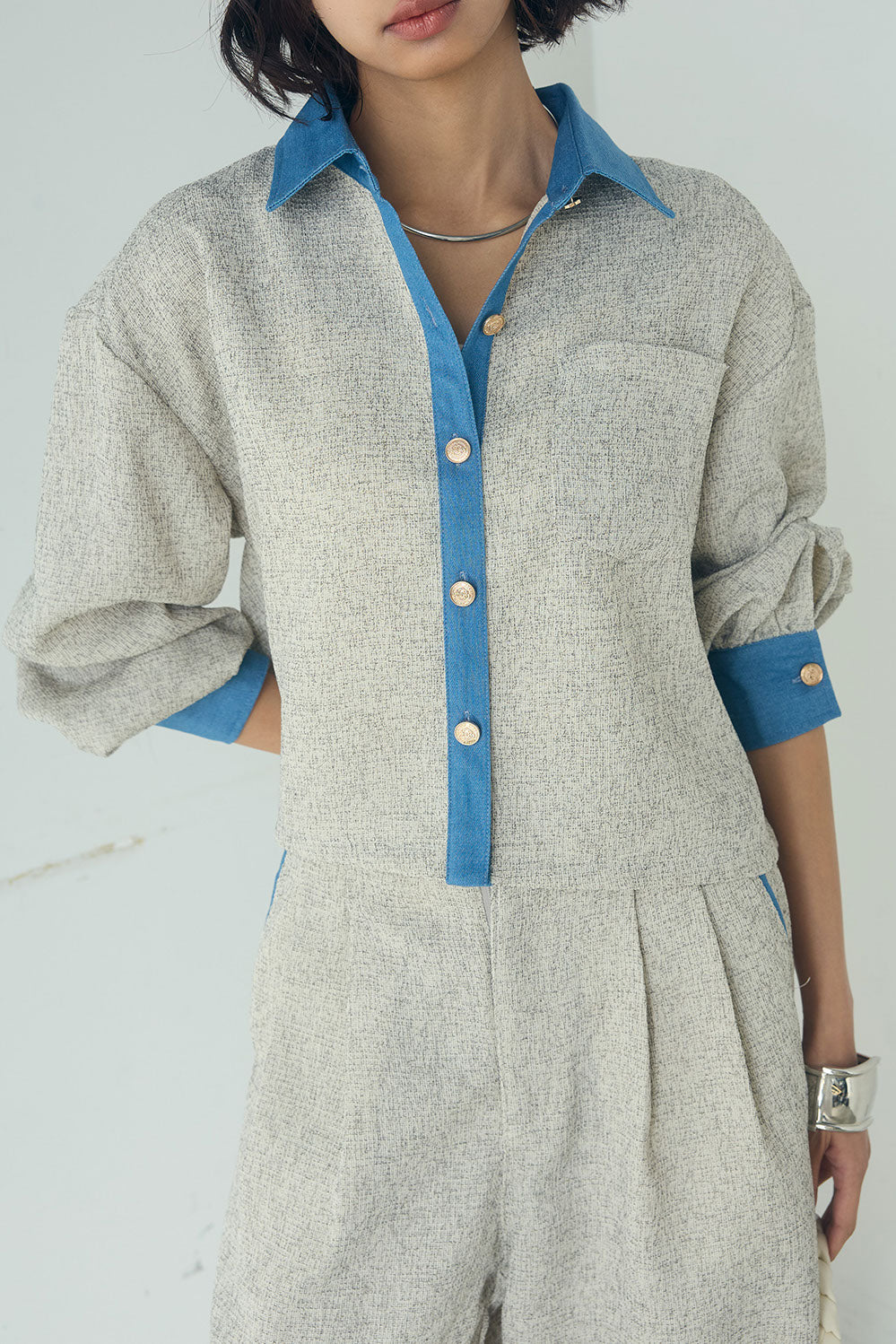 [SET]ツイード×デニムショート丈シャツ+ツイード×デニムハイウエストラインロングパンツ(2set)