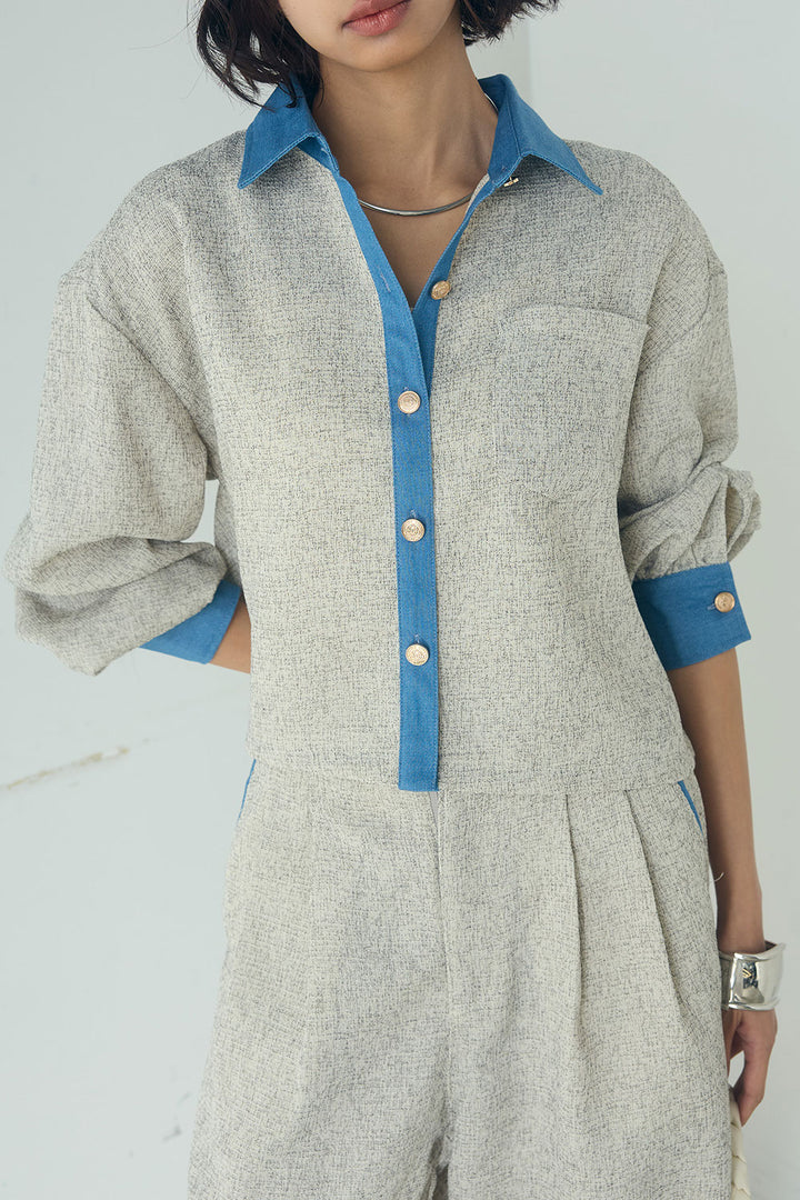 [SET]ツイード×デニムショート丈シャツ+ツイード×デニムハイウエストラインロングパンツ(2set)