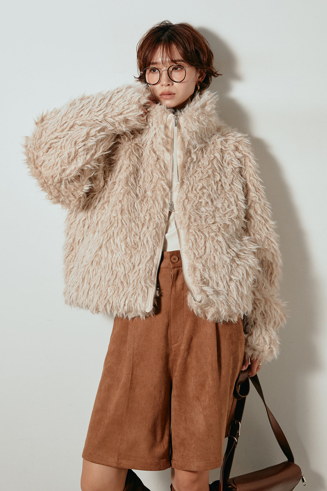 [SET]ミックスシープファースタンドブルゾン+フェイクスウェードハーフパンツ(2set)