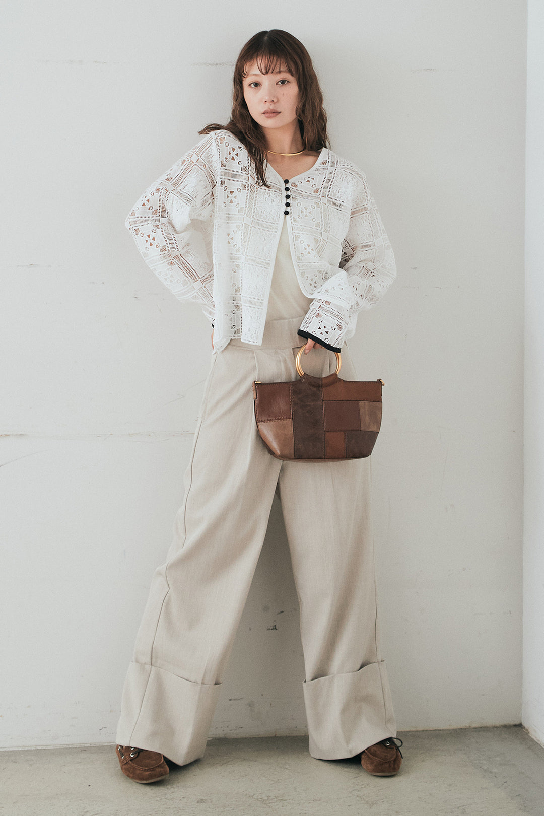 [SET]クロシェレースカーディガン+センタープレスセミワイドパンツ(2set)