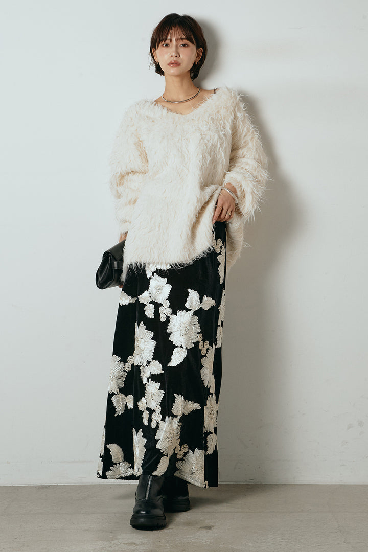 [SET]深Vネックシャギーニットトップス+フラワー刺繍ワイドスカート(2set)